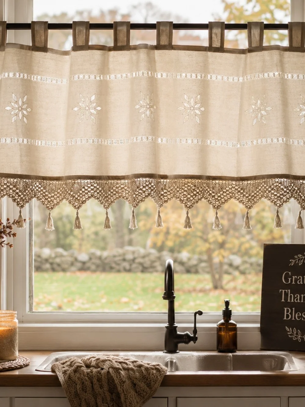 2-Beige Crochet Trim Kitchen Valance Curtain - Neutral Linen Window Treatment